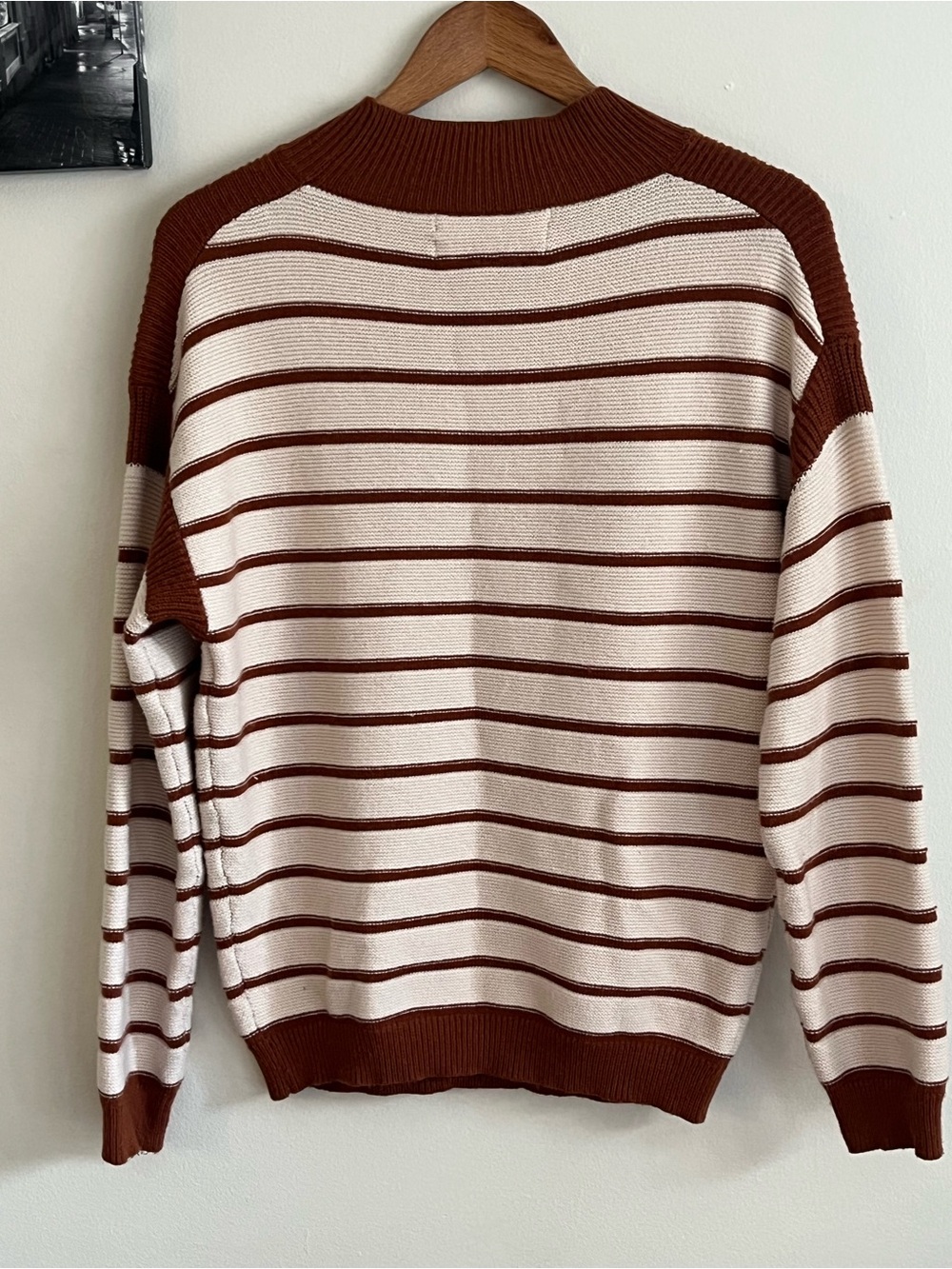 Pink Martini Oversized Burgundy & Cream Striped Knit Sweater XS PTP 21 inch - Picture 4 of 8
